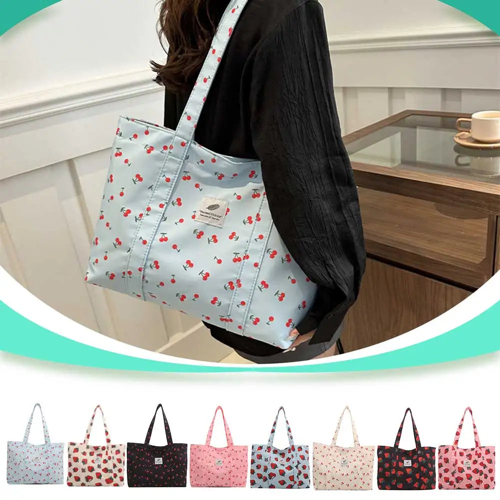 Cute Cherry Strawberry Print Casual Tote Bag Large Capacity Shoulder Purse Nylon Top Handle Bag Grocery Bag for Women