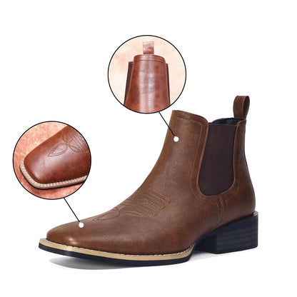 Men's Square Toe Chelsea Boots - Brown Casual Retro Western Cowboy Boots, Ankle Height, Stylish and Comfortable
