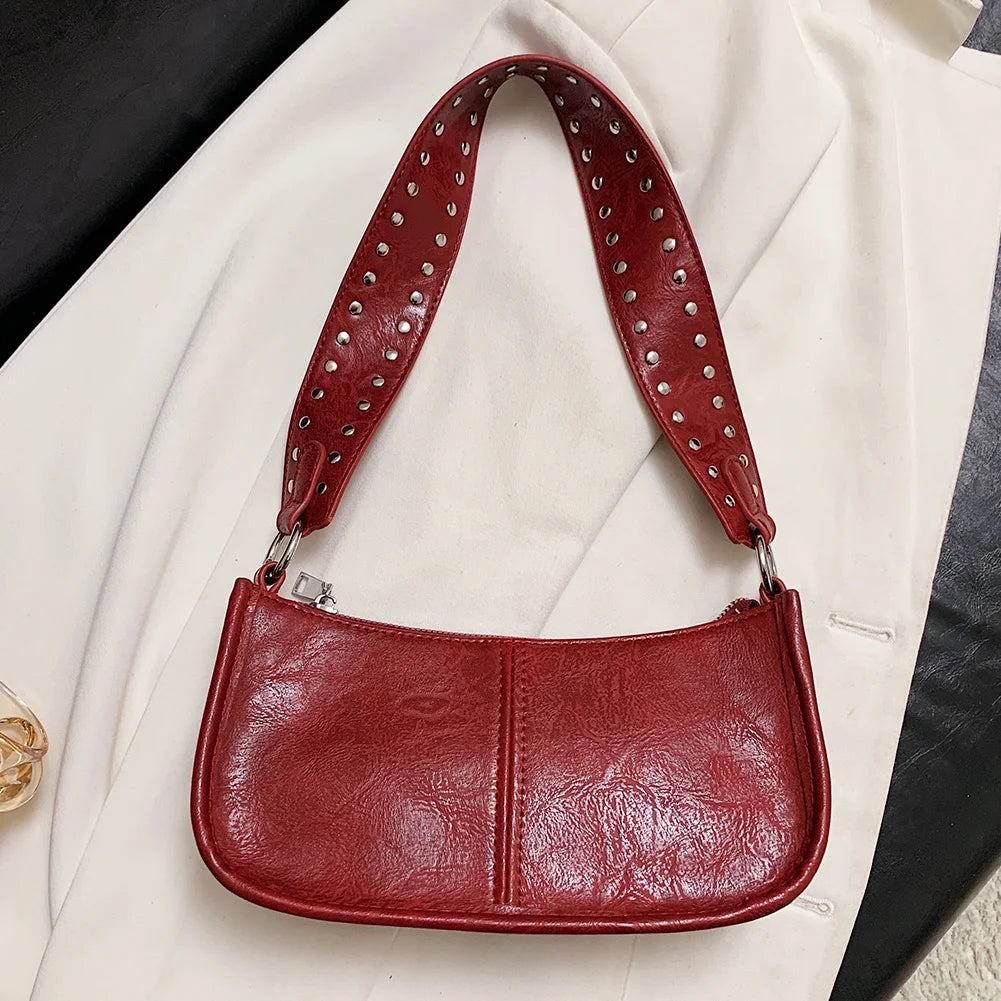 Women Underarm Satchel Bag Studded Decor Crossbody Bag Fashion PU Leather Retro Shoulder Bags Adjustable Strap Daily Handbag