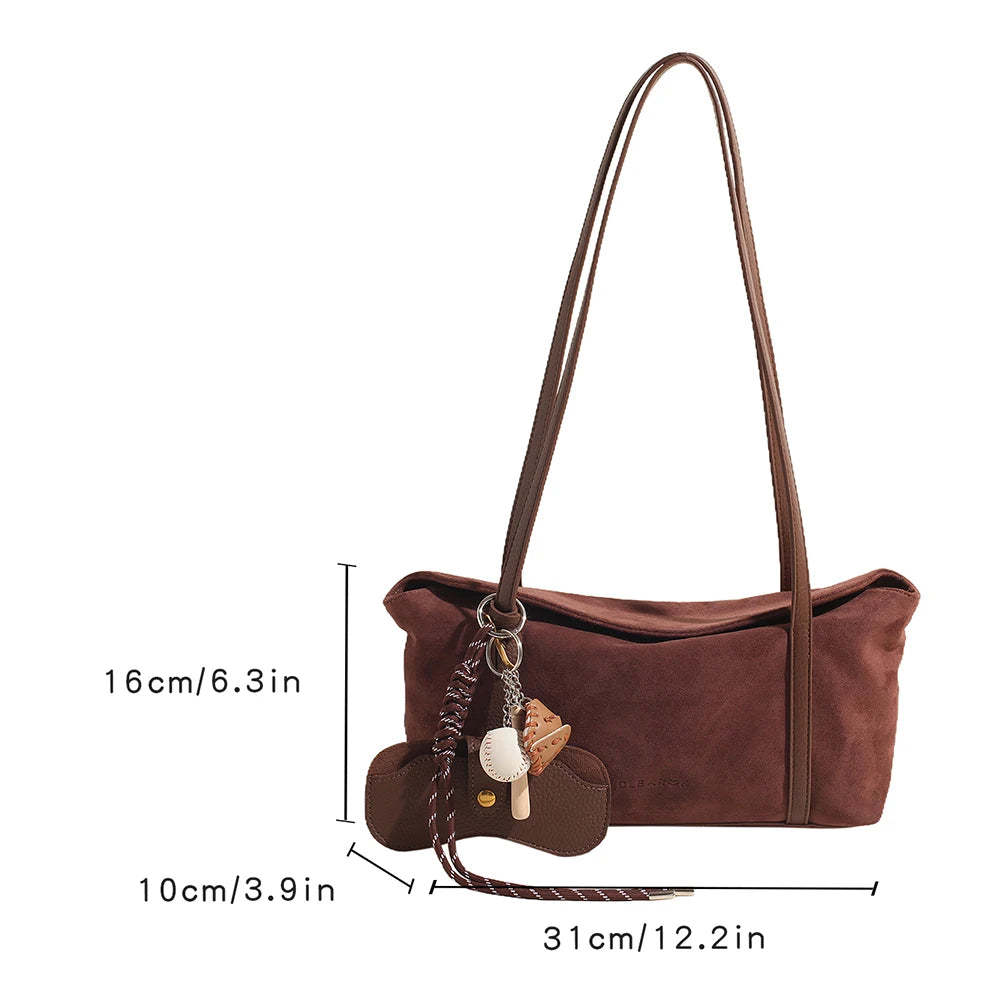 Women Suede Flap Underarm Bag with Inner Pocket Satchel Bag Large Capacity Solid Clutch Purse for Work Travel