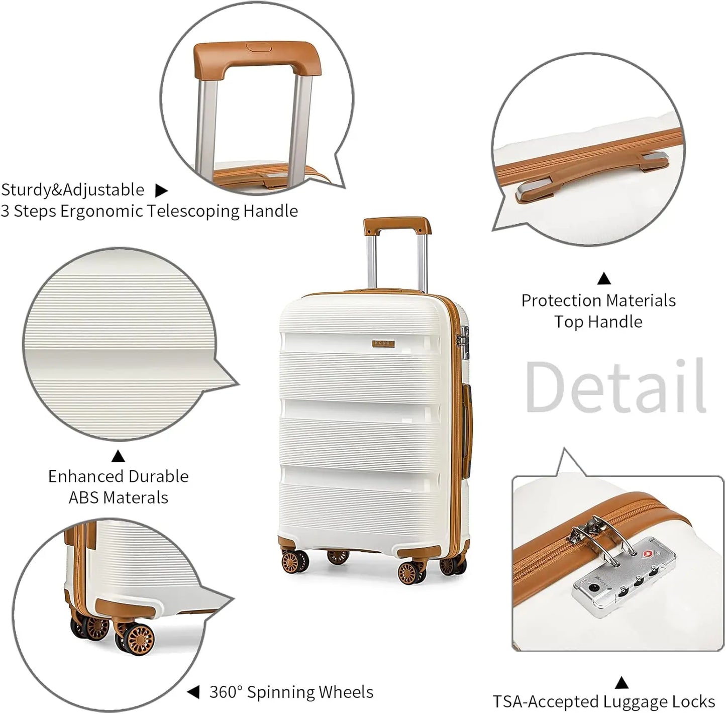 Kono Luggage Sets 3 Piece Hard Shell Travel Trolley 4 Spinner Wheels Lightweight Polypropylene Suitcase with TSA Lock