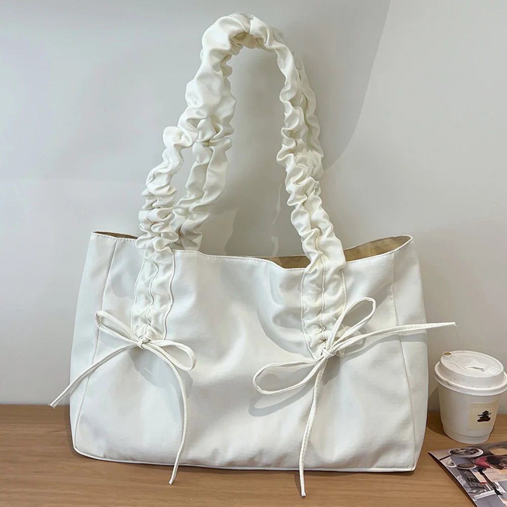 Women Nylon Tote Bag Fashion Shoulder Bag Solid Color with Bow Stylish Crossbody Bag Pleated Shoulder Strap Daily Sling Bag