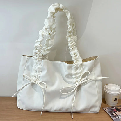 Women Nylon Tote Bag Fashion Shoulder Bag Solid Color with Bow Stylish Crossbody Bag Pleated Shoulder Strap Daily Sling Bag