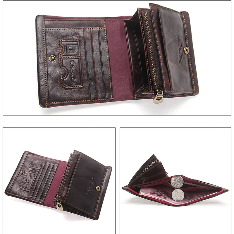 CONTACT'S 100% Genuine Leather RFID Men Wallet Zipper Retro Coin Purse Male Bifold  Card Holder Wallet