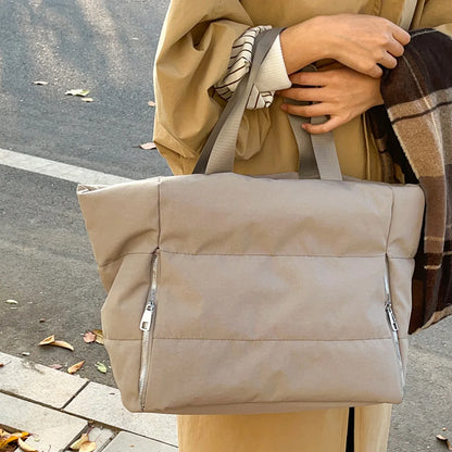 Women Quilted Shoulder Bag Large Capacity Puffer Tote Handbag Solid Color Casual Padded Bag Ladies Commute Bag