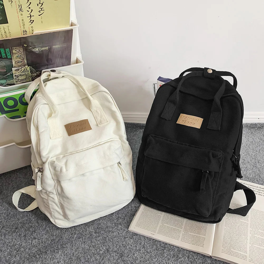 Casual College Students Backpack Cotton Canvas Traveling Commuting Backpacks Large Capacity Solid Color Fashion Knapsack