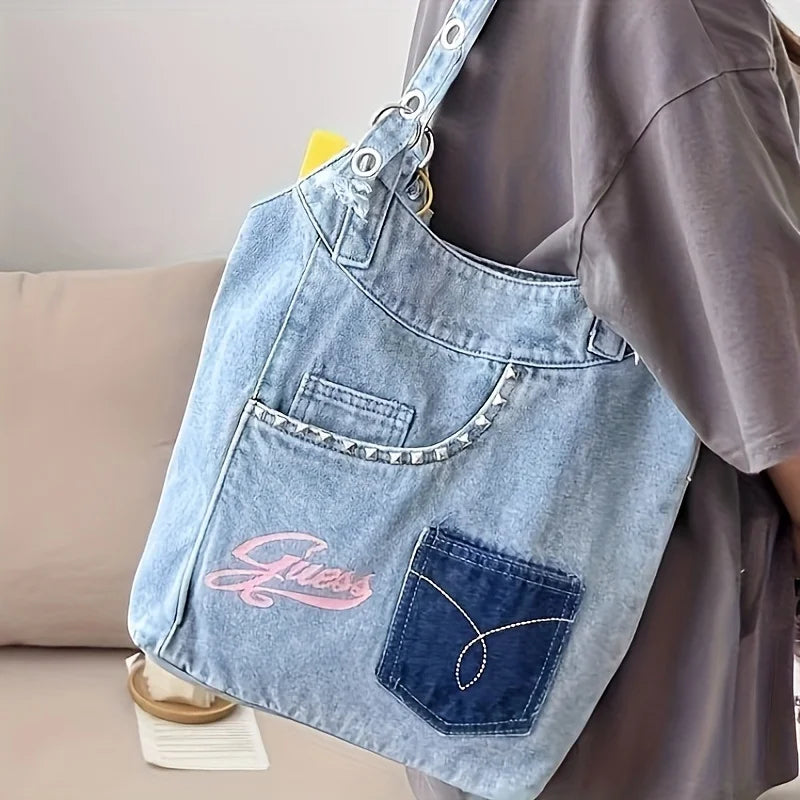 Large Denim Crossbody Bag for Women - Stylish Cowboy Material, Unlined, Buckle Closure, Perfect for Daily Commuter, Work, and Sh