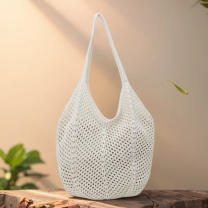 Women Knitting Shoulder Bag Solid Color Hollow Summer Bag Large Capacity Knitted Tote Handbag Ladies Daily Handbag