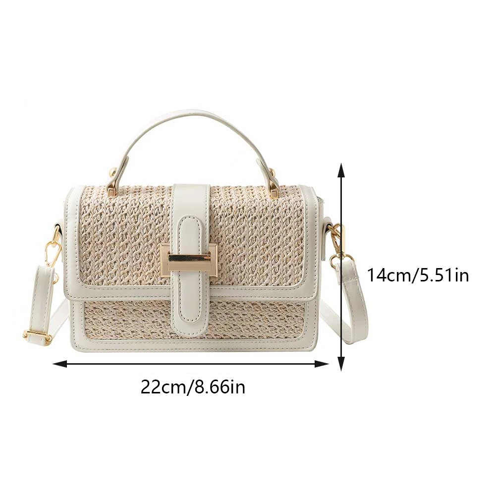 PU Leather Straw Crossbody Bag Flap Shoulder Bag with Adjustable Strap Holiday Travel Handbag Chic Satchel Purse for Women