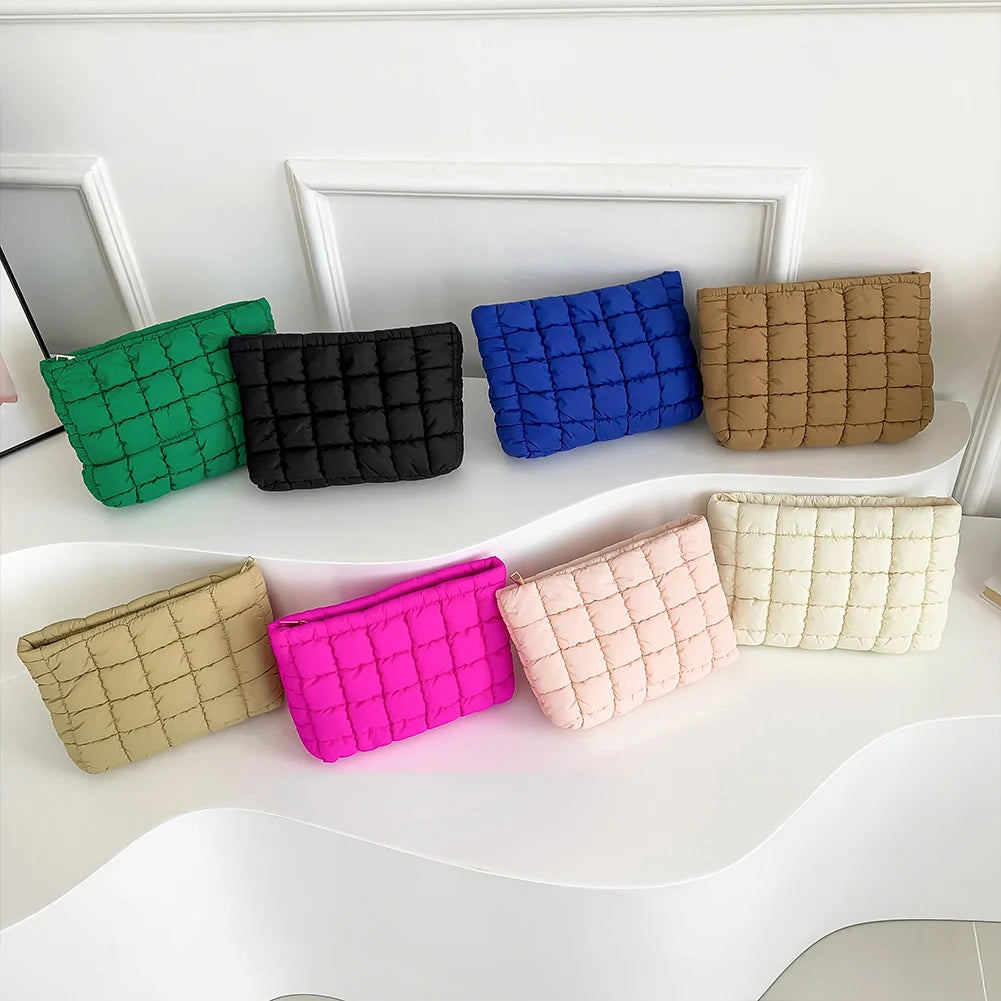 Quilted Travel Makeup Pouch Puffy Toiletry Bag with Zipper Makeup Organizer Storage Bag Solid Color for Women and Girls