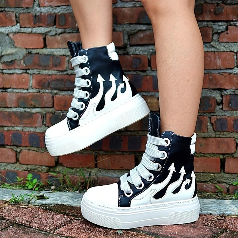 Women's High Top Flame Sports Shoes Wide Lace Up Casual Sneakers For Woman Flat Platform Ladies Embroider Sneakers Girls Tennis