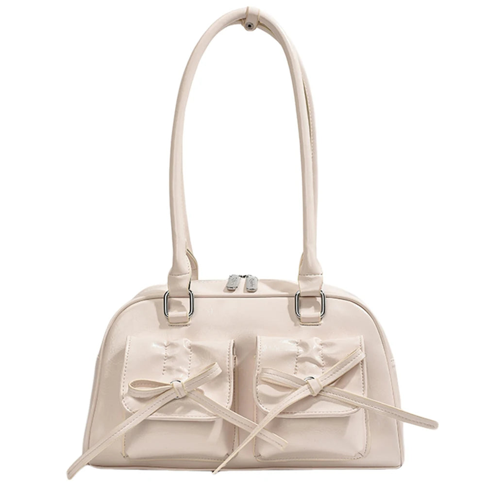 Women Trendy Handbags Double Pockets PU Leather Stylish Underarm Bag with Bow Casual Armpit Bag Solid Color for Travel Vacation