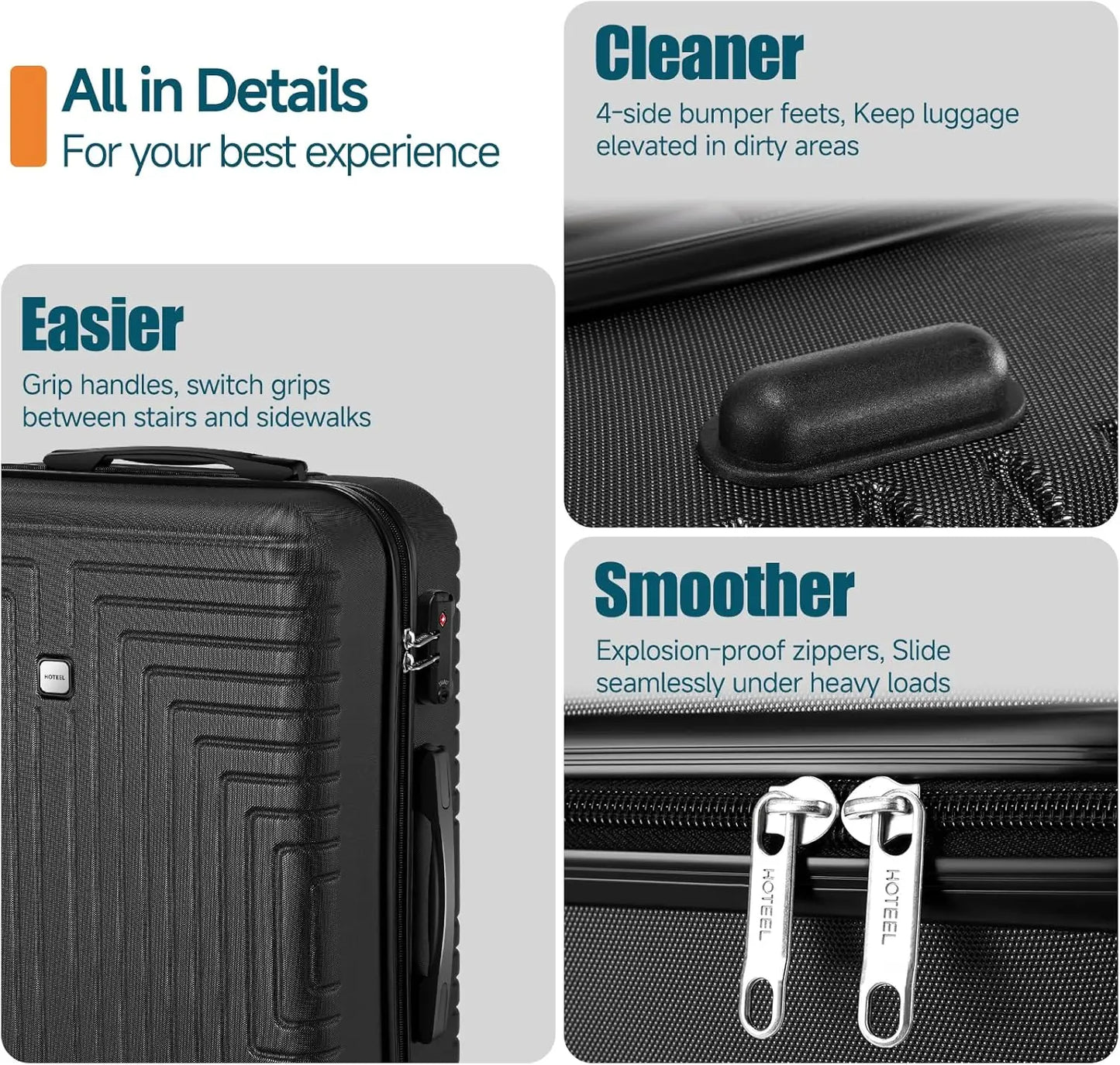 HOTEEL Premium 3-Piece Luggage Collection, ABS+PC Hardshell Suitcase with TSA Lock & Matching Travel Bags