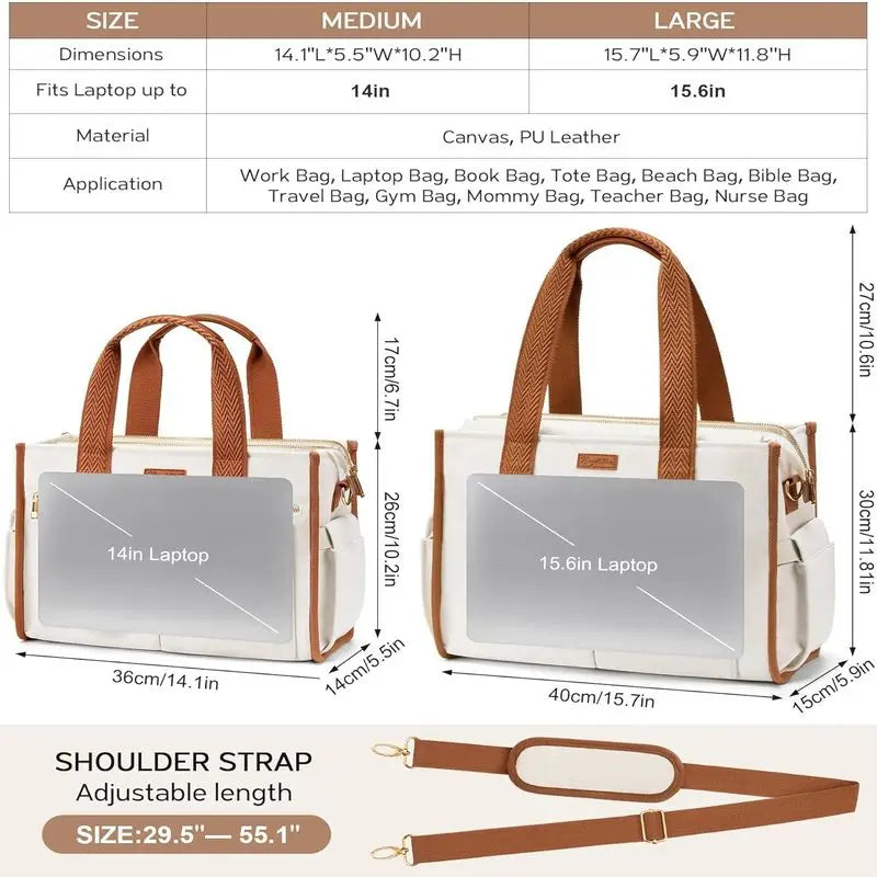 Canvas Tote Bag for Women, 15-Pocket Large Crossbody Handbag Bible Laptop Bag Zipper Bookbag for Teacher Work Travel College