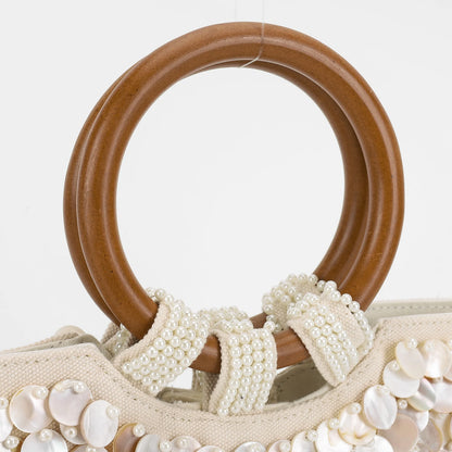 Shell Beaded Clutch Purse Wooden Handle Top Handle Bag Handmade Evening Handbag Evening Bag for Women Summer Vacation