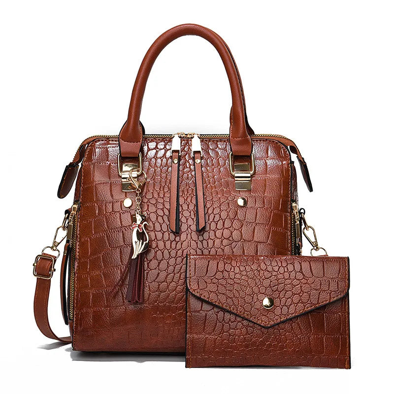 Fashion Crocodile Pattern Tote Bag Set - Large Capacity Soft Leather Women's Handbag with Tassel Charm