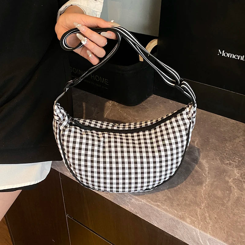 Checkered Nylon Crescent Hobos Shoulder Purse for Women Casual Crossbody Purse Lightweight Sling Bag with Adjustable Strap