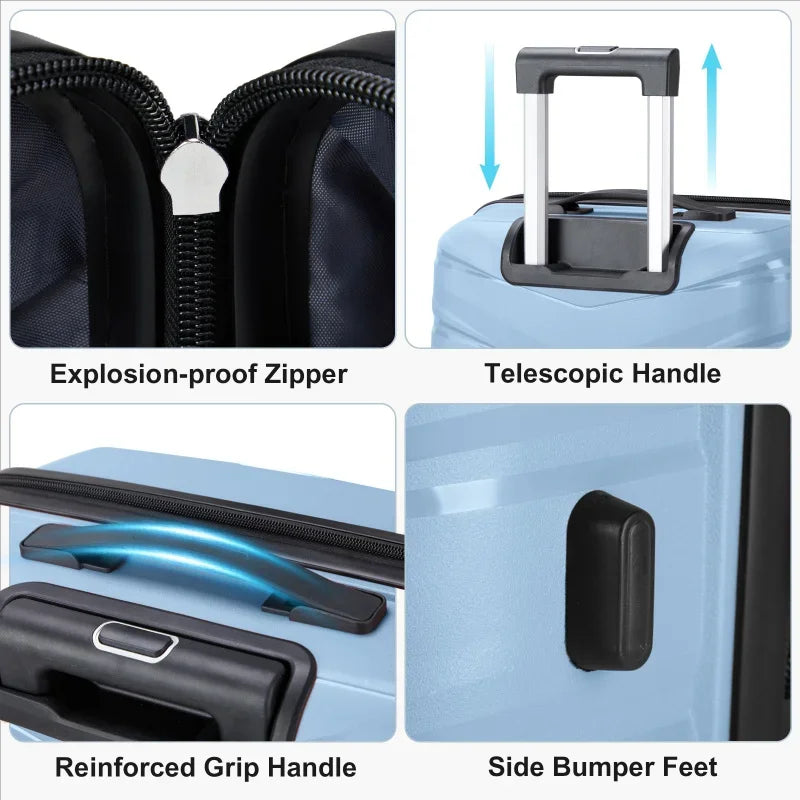 V-shaped stripes 2-piece set with PP handbag PP trolley case 14in 20in PP iron trolley fashionable color - sky blue (grain patte