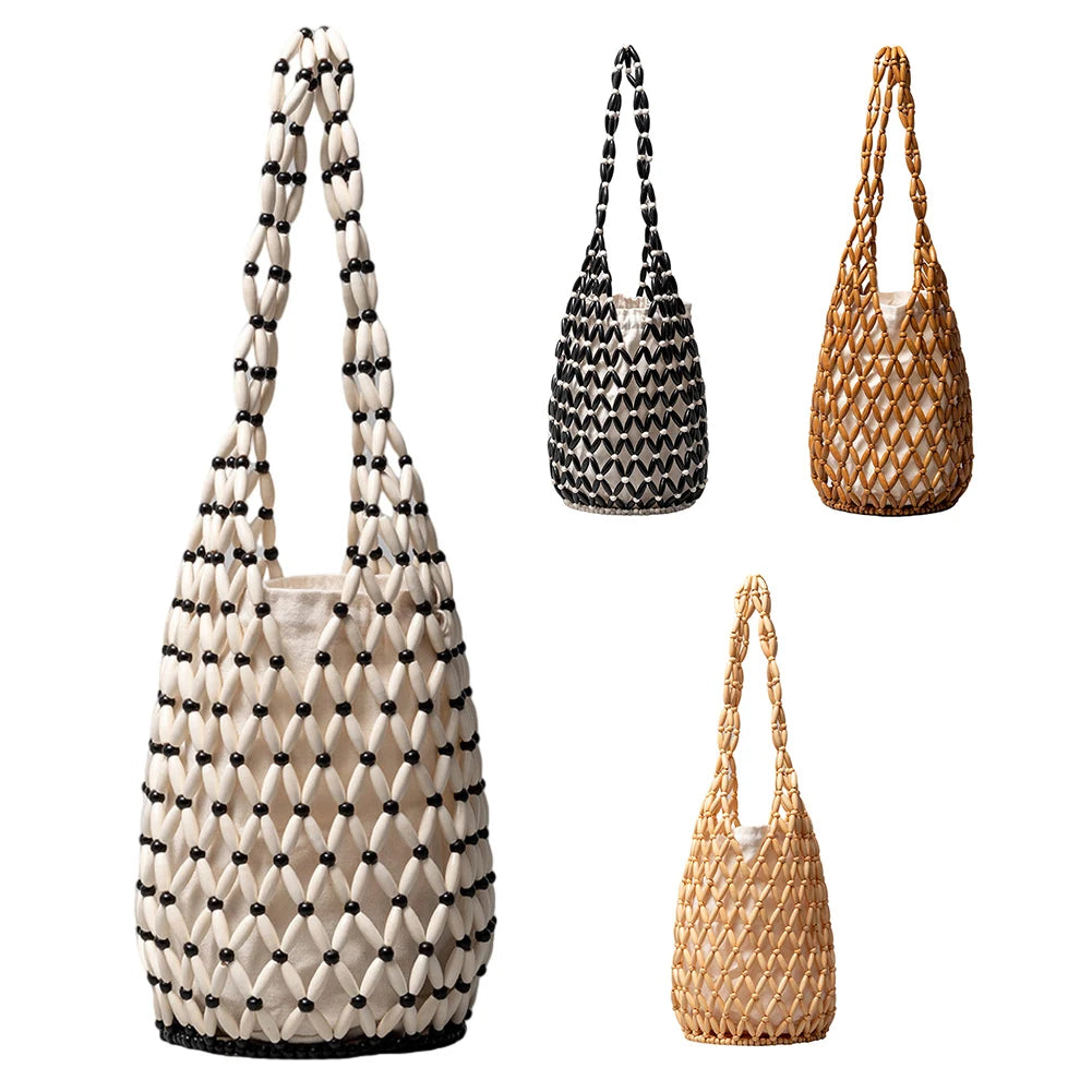 Women Beaded Bag Hollow-out Wooden Bead Tote Bucket Fashion Shoulder Bag Female Beach Handbag Storage Bag for Travels Shopping