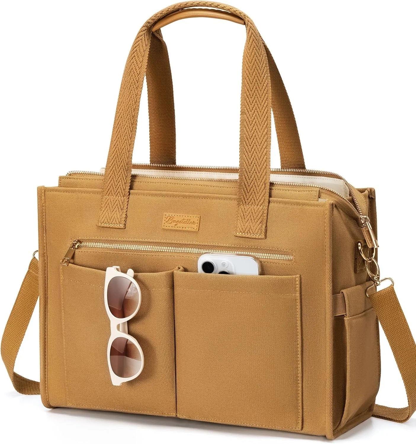 Canvas Tote Bag for Women, 15-Pocket Large Crossbody Handbag Bible Laptop Bag Zipper Bookbag for Teacher Work Travel College