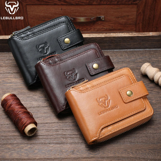 LEBULLBRO Mens Genuine Leather Zipper Wallet RFID Blocking Bifold Card Holder Wallet with coin pocket