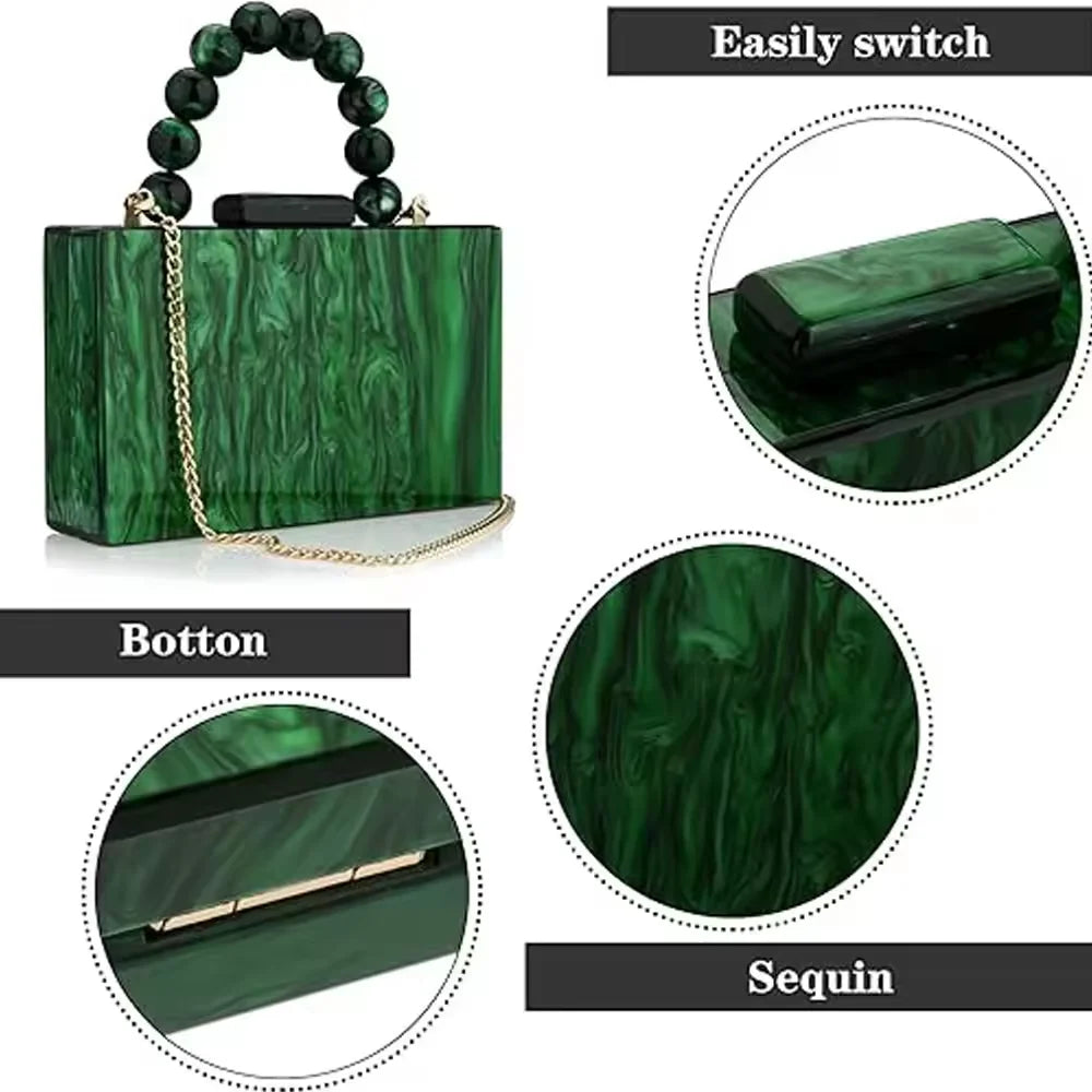 Wedding party crossbody bag, pearl marble, dark green acrylic PVC evening bag, women's wallet and handbag, beach flap