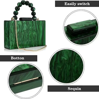Wedding party crossbody bag, pearl marble, dark green acrylic PVC evening bag, women's wallet and handbag, beach flap