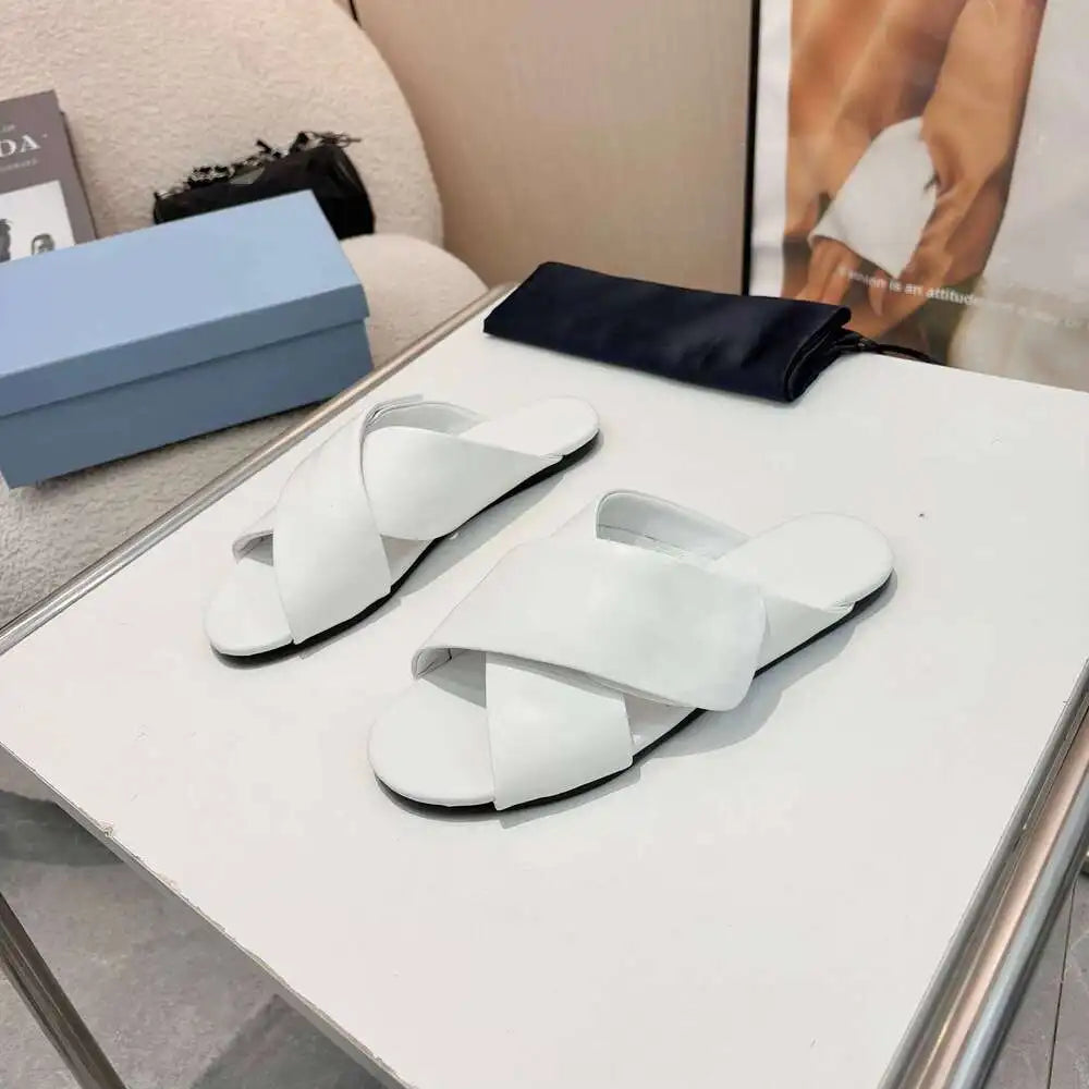 Triangle P New Women Genuine Leather Slippers Summer Beach Slides Leisure Flats Solid Designer Shoes Zapatillas De Mujer Aff