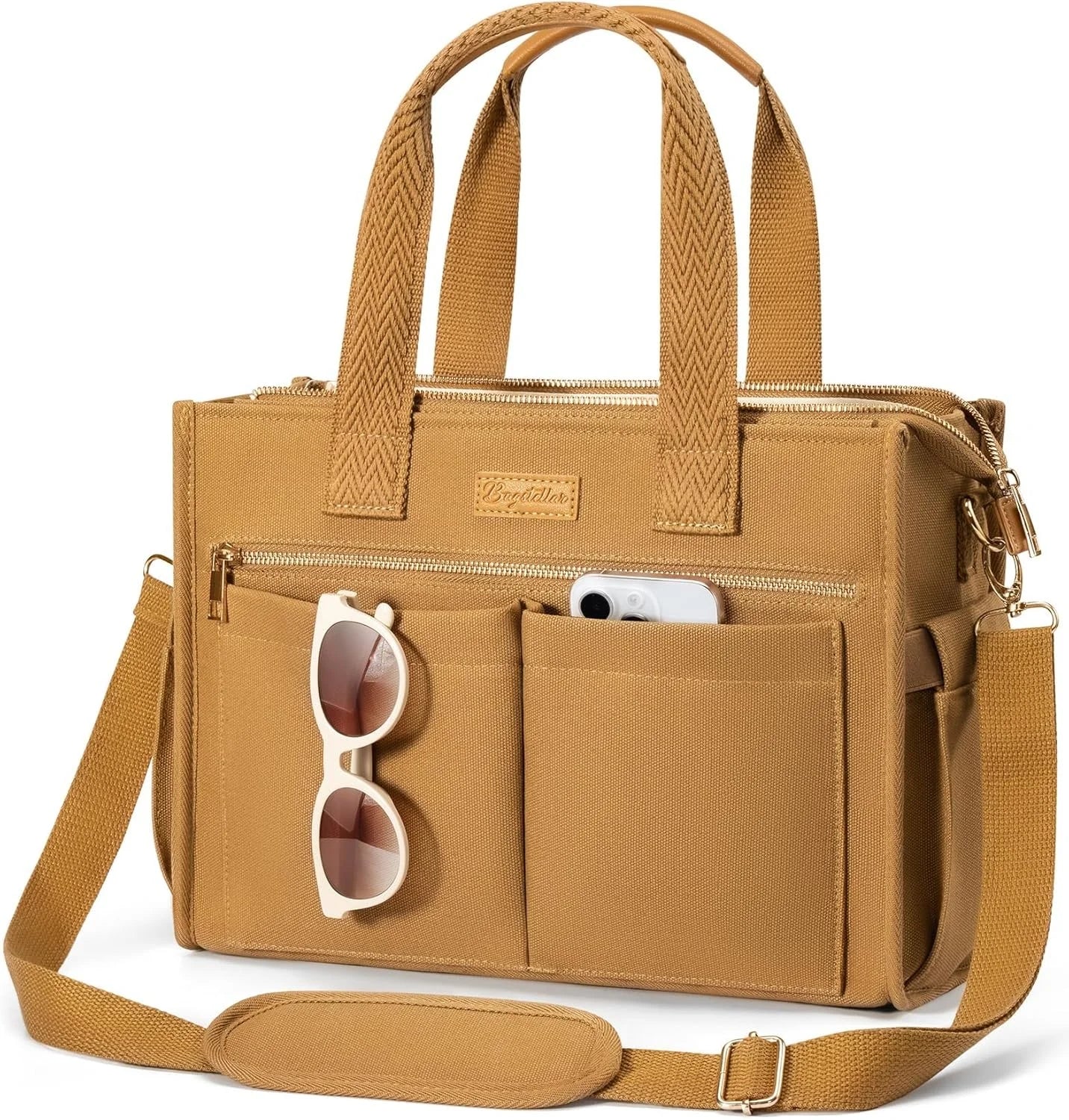 Canvas Tote Bag for Women, 15-Pocket Large Crossbody Handbag Bible Laptop Bag Zipper Bookbag for Teacher Work Travel College