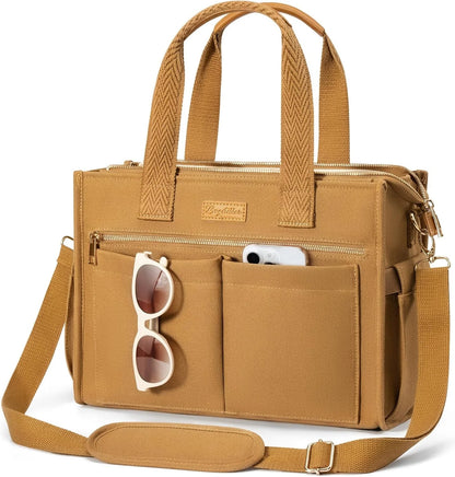 Canvas Tote Bag for Women, 15-Pocket Large Crossbody Handbag Bible Laptop Bag Zipper Bookbag for Teacher Work Travel College