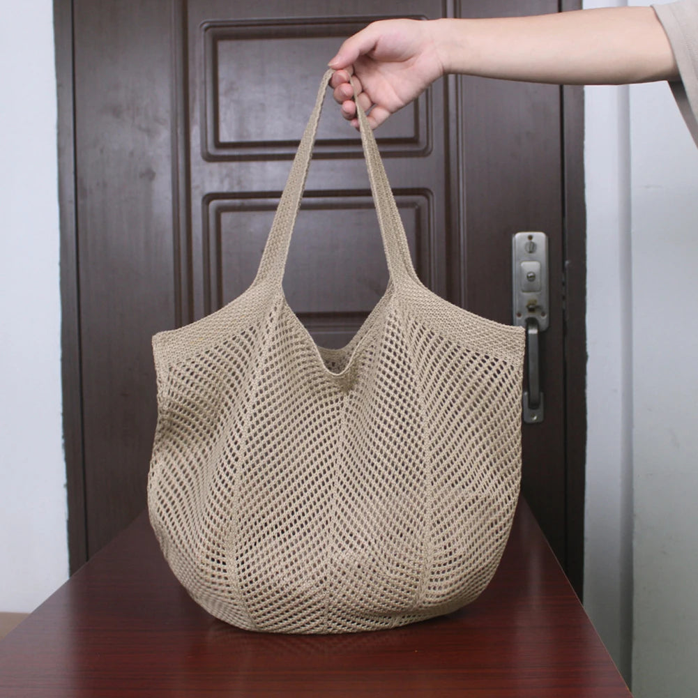 Women Aesthetic Shoulder Bag Solid Color Knitted Tote Handbag Large Capacity Knitting Shopping Handbag Female Outdoor Bag