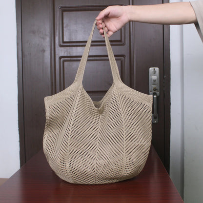 Women Aesthetic Shoulder Bag Solid Color Knitted Tote Handbag Large Capacity Knitting Shopping Handbag Female Outdoor Bag