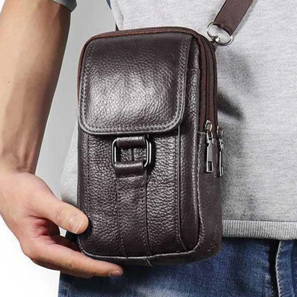 Portable Belt Pouch Purse Cowhide Leather Fanny Pack Waist Bag Fashion Simple Multi-pockets Casual for Outdoor Sport