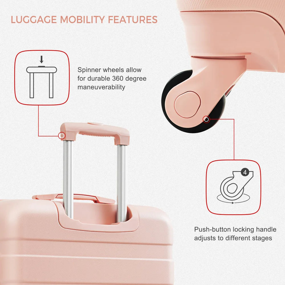 Luggage Sets 4 Piece, ABS Durable Suitcase with Travel Bag, Carry On Luggage Suitcase Set with 360° Spinner Wheels, pink