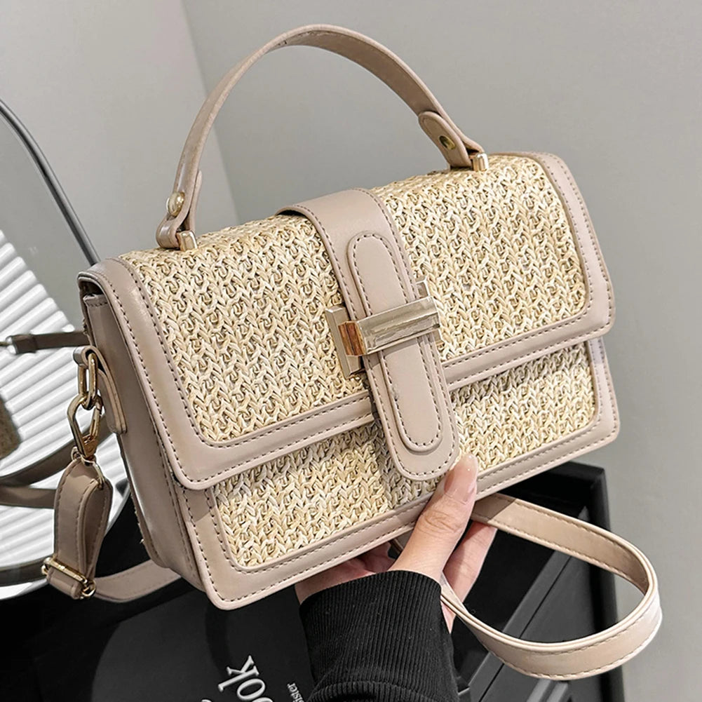PU Leather Straw Crossbody Bag Flap Shoulder Bag with Adjustable Strap Holiday Travel Handbag Chic Satchel Purse for Women