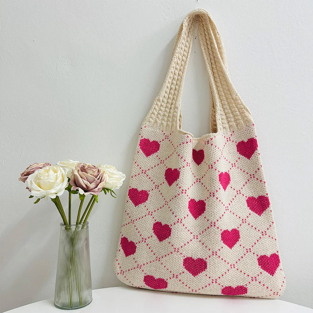Summer Beach Bag for Women Heart Pattern Handbag Large Capacity Shoulder Bag Tote Bag for Vacation Travel