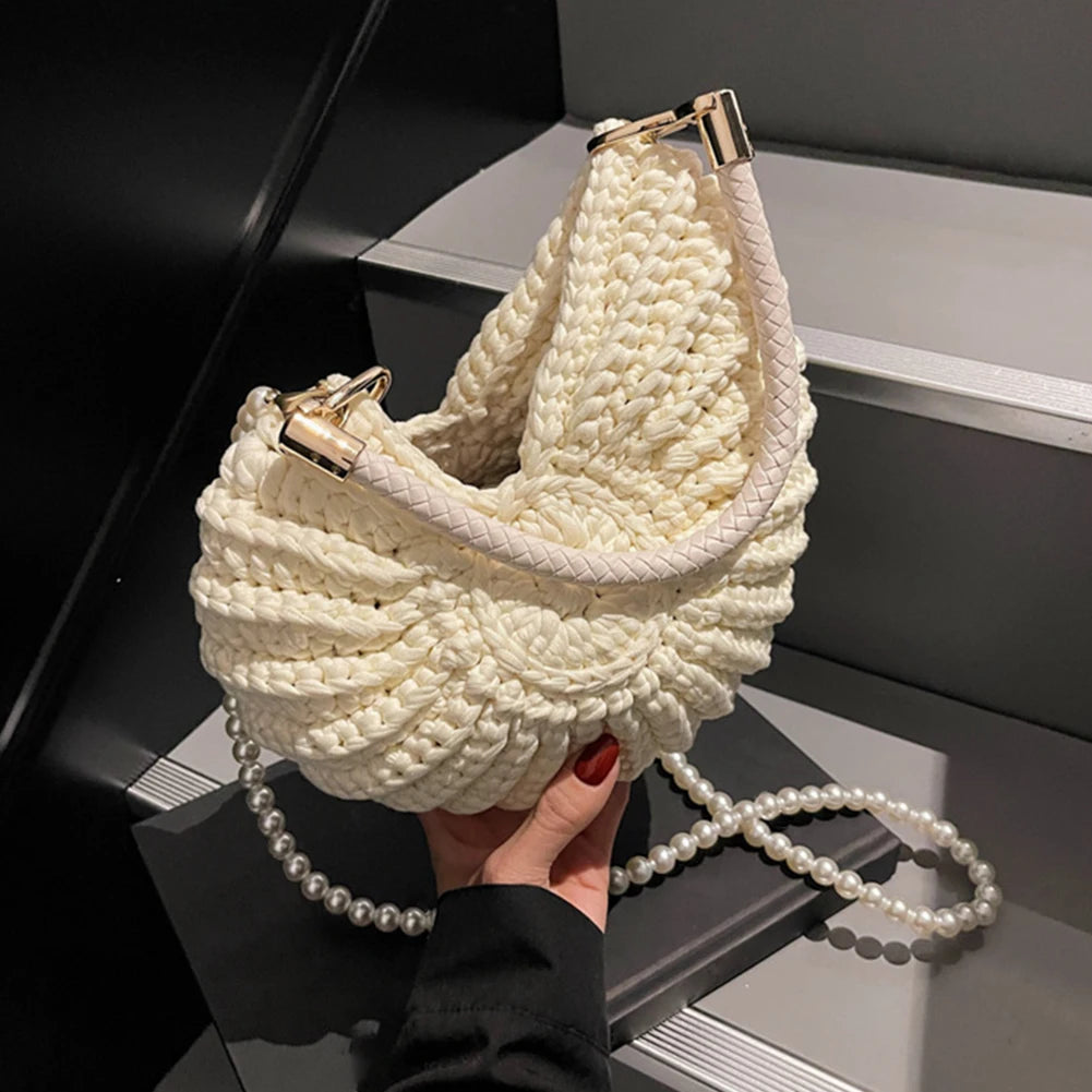 Handwoven Seashell Women Beach Shoulder Bag Solid Color Pearls Chain Crossbody Bag Multifunctional Novelty Small Handbags