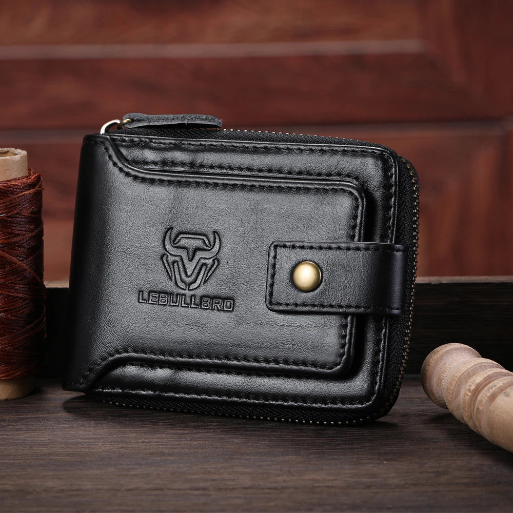 LEBULLBRO Mens Genuine Leather Zipper Wallet RFID Blocking Bifold Card Holder Wallet with coin pocket