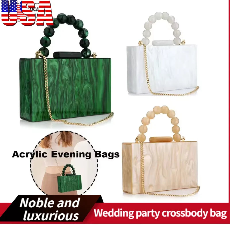 Wedding party crossbody bag, pearl marble, dark green acrylic PVC evening bag, women's wallet and handbag, beach flap