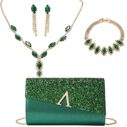 Evening Banquet Handbag Women Elegant Sparkly Flap Clutch Bag With Necklace, Earrings ,Bracelet 4Pcs Set Shoulder Wedding Purse