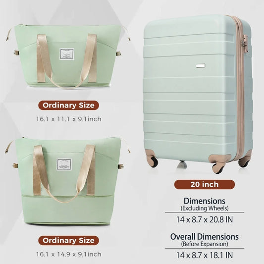 20-Inch Carry-On Luggage with Expandable Travel Bag Set, ABS Hard Shell Two-piece suitcase set, grey green