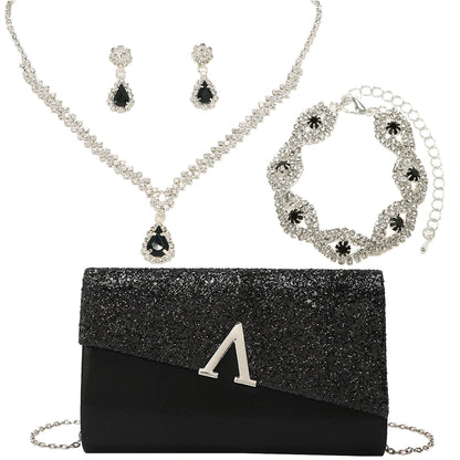 Evening Banquet Handbag Women Elegant Sparkly Flap Clutch Bag With Necklace, Earrings ,Bracelet 4Pcs Set Shoulder Wedding Purse