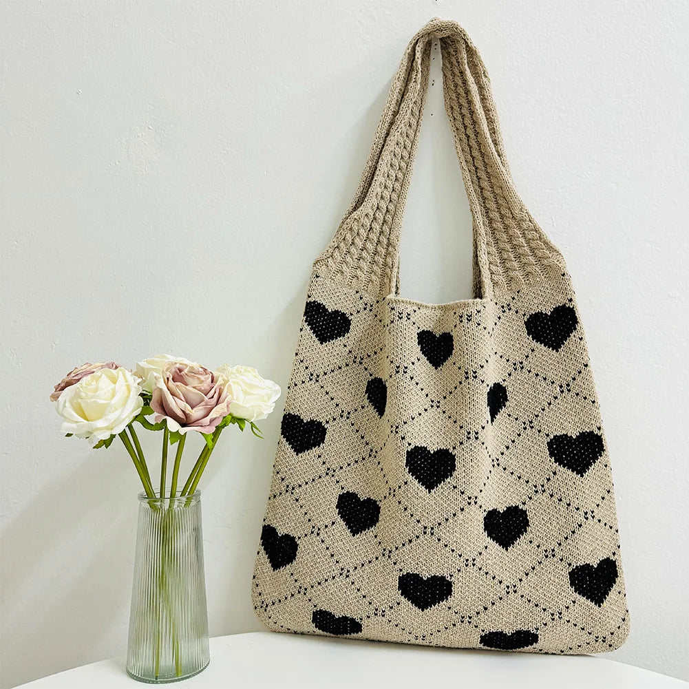 Summer Beach Bag for Women Heart Pattern Handbag Large Capacity Shoulder Bag Tote Bag for Vacation Travel