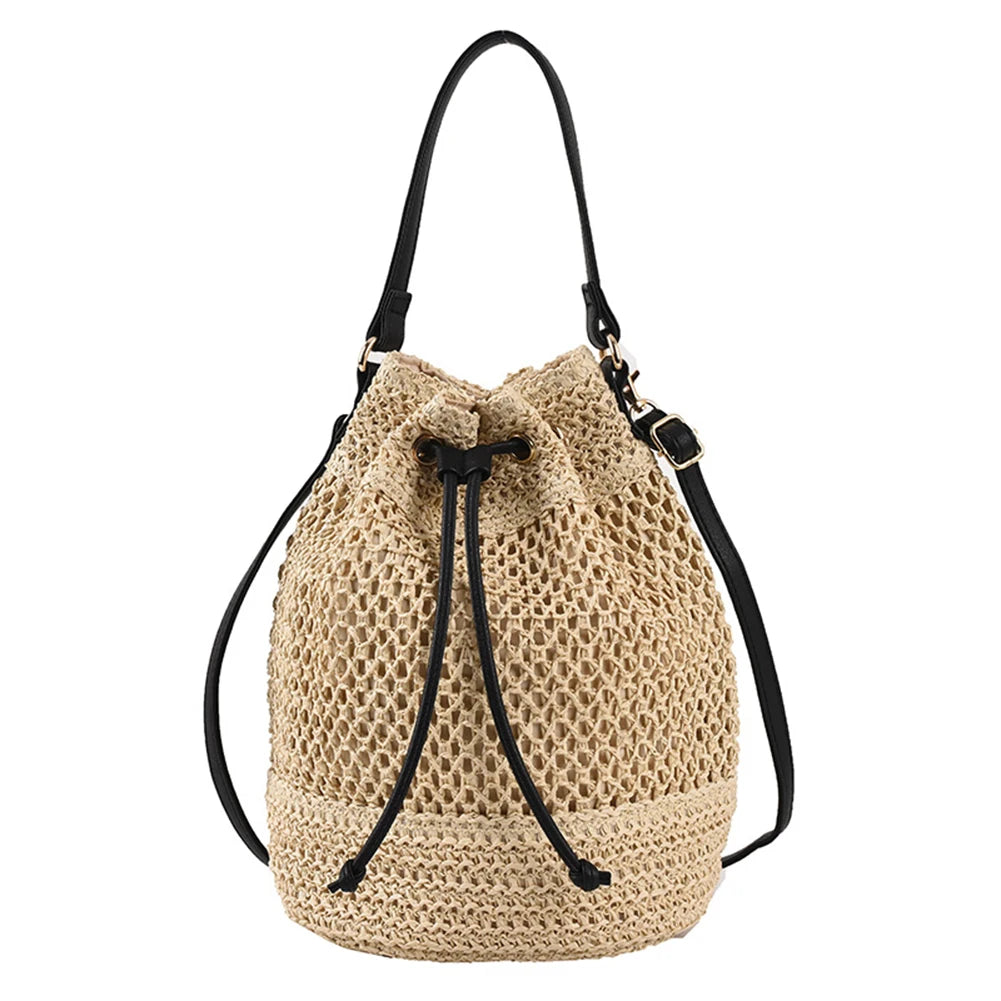 Summer Shoulder Bag Drawstring Straw Beach Crossbody Bags Adjustable Strap Fashion Casual Portable Elegant for Weekend Vacation