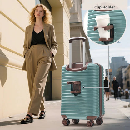 360° Spinner Wheels Hardshell Luggage Set with TSA Lock  Durable Travel Suitcases with Cup Holder Storage Bags