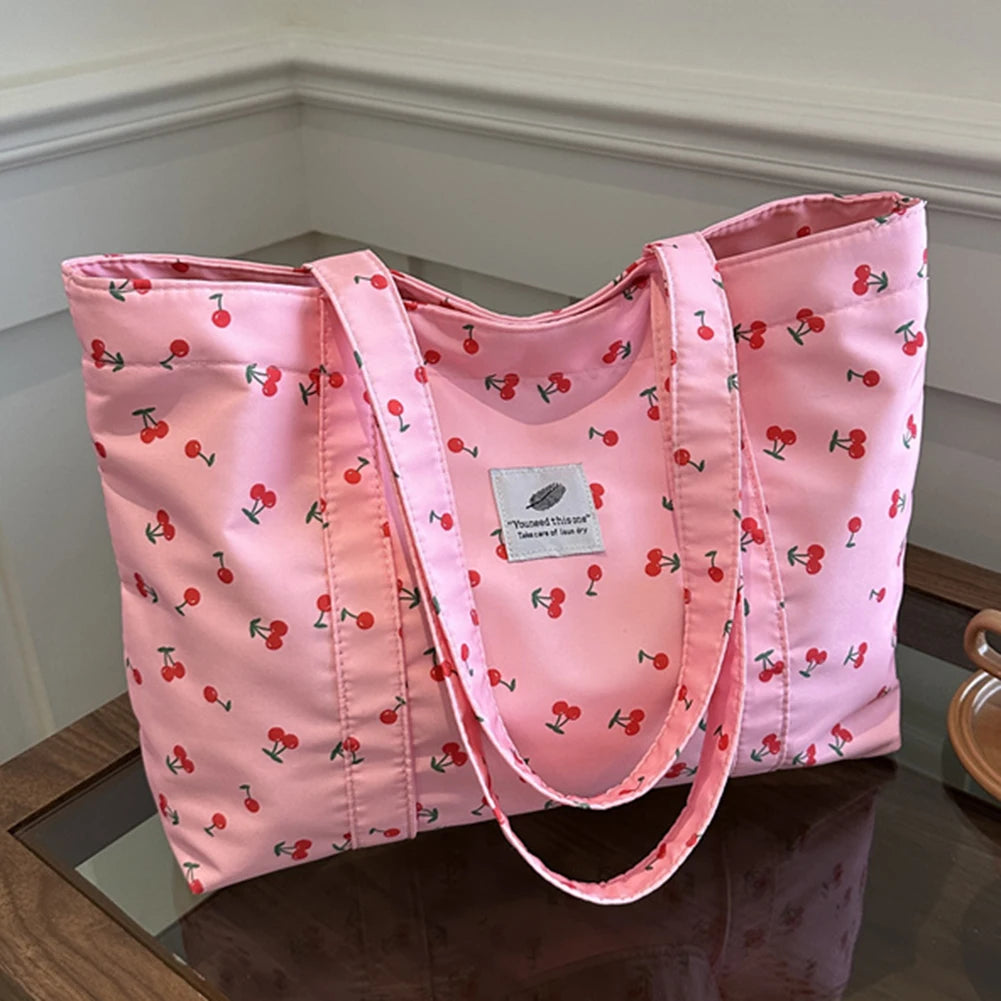 Cute Cherry Strawberry Print Casual Tote Bag Large Capacity Shoulder Purse Nylon Top Handle Bag Grocery Bag for Women