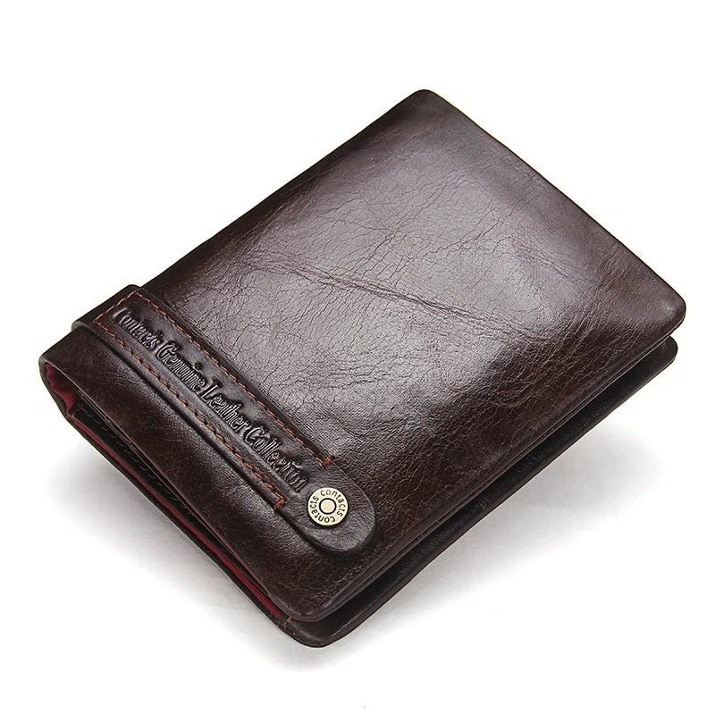 CONTACT'S 100% Genuine Leather RFID Men Wallet Zipper Retro Coin Purse Male Bifold  Card Holder Wallet