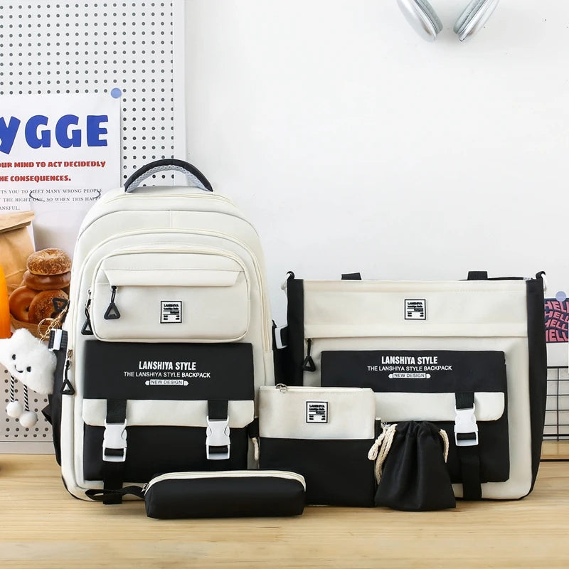 5pcs solid color backpack set, large capacity backpack, simple handbag and coin purse, casual crossbody bag, pencil case handbag