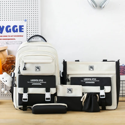 5pcs solid color backpack set, large capacity backpack, simple handbag and coin purse, casual crossbody bag, pencil case handbag