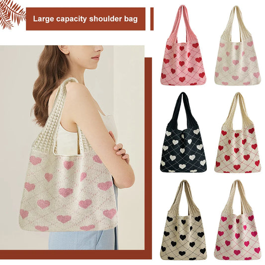 Summer Beach Bag for Women Heart Pattern Handbag Large Capacity Shoulder Bag Tote Bag for Vacation Travel
